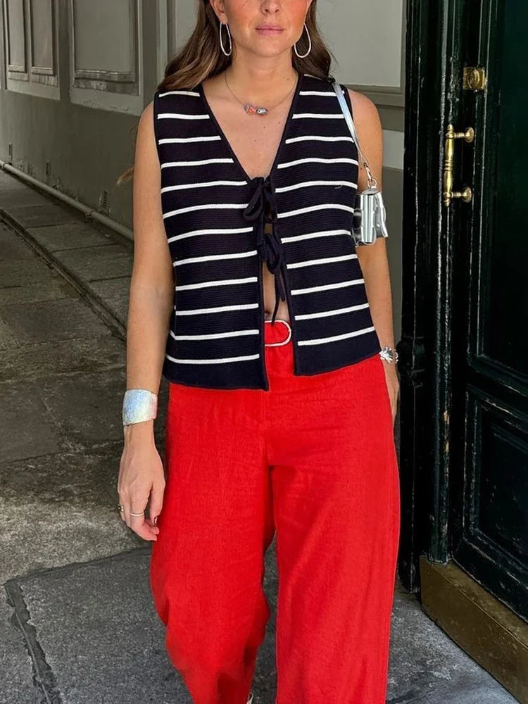 Ribbed Fashion Bandage Cardigan Tank Top Female V-Neck Sleeveless Lace-Up Cropped Vest Top High Waist Casual Summer Top