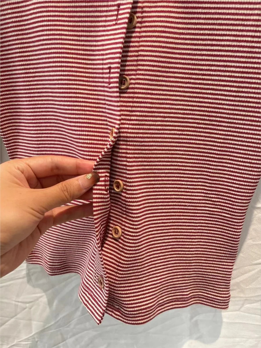 Red Striped Y2k Vintage 2 Piece Set Women Buttons O Neck Crop Top Long Sleeve+Drawstring Shorts Sweet Fashion Slim Shorts Sets