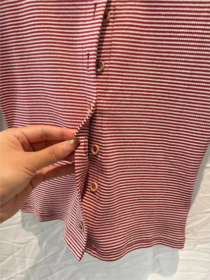 Red Striped Y2k Vintage 2 Piece Set Women Buttons O Neck Crop Top Long Sleeve+Drawstring Shorts Sweet Fashion Slim Shorts Sets