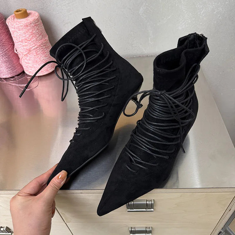 Fashion Pointed Toe Lace Up Ankle Boots Women High Quality Faux Suede Kitten Heel Designer Boot Comfort Back Zipper Modern Boots