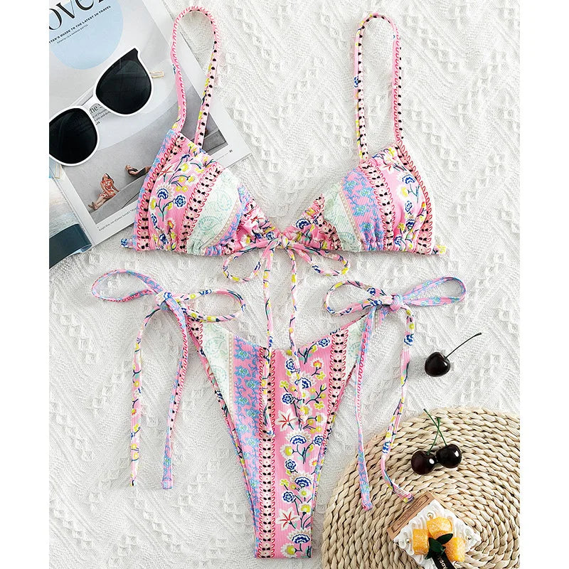New Floral Print String Bandage Bikinis Triangle Cup Push Up Swimsuit Women Bathing Suit Beachwear Halter Swimwear XS