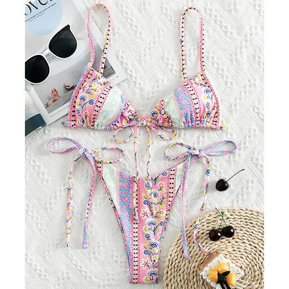 New Floral Print String Bandage Bikinis Triangle Cup Push Up Swimsuit Women Bathing Suit Beachwear Halter Swimwear XS