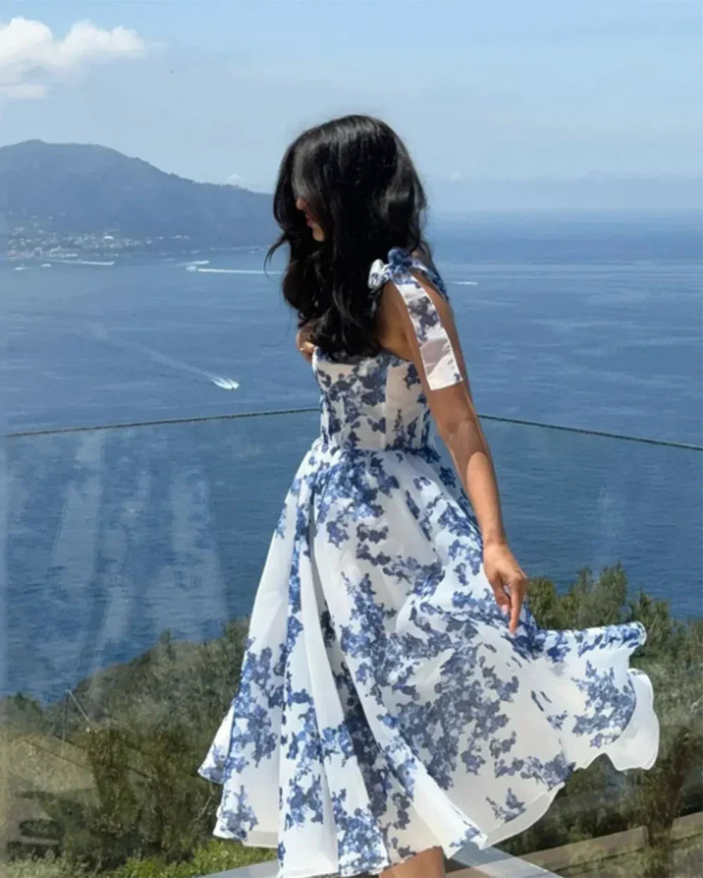 Floral Print Bow Shoulder Strap Sweetheart Corset Bodice Midi Dress
