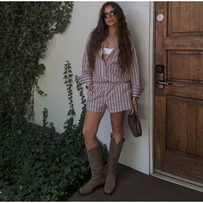 Casual Stripe Women Overalls Shorts Chic Long Sleeve Lapel Single Button Short Female Jumpsuit 2025 Summer Lady Street Romper