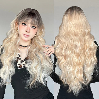 Ombre Blonde Wig with Bangs Long Wavy Wig for Women Highlight Platinum Curly Synthetic Wig Cosplay Party Daily Heat Resistant