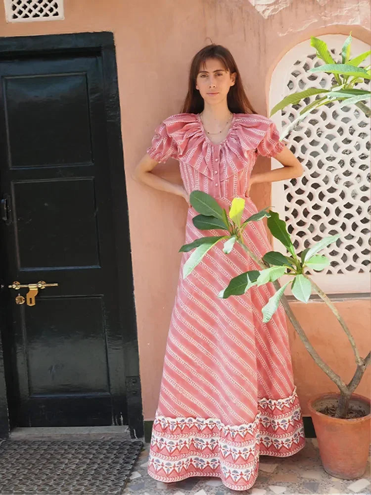Fashion Stripe Print Ruffled Edge Button Maxi Dress Women V-neck Puff Short Sleeve Big Hem Dresses 2024 Female Party Club Robes