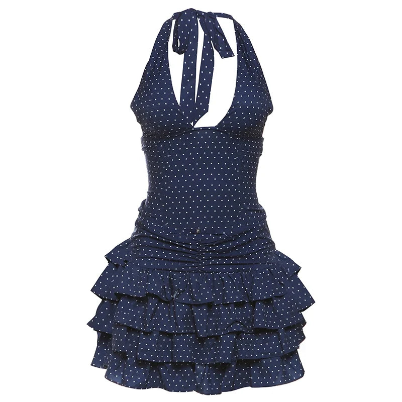 Low-Neck Polka Dots Women Two-Piece Set Halter Sleeveless Backless Mini Top+Multi-Layered Ruffles Sweet Bottoms Suits