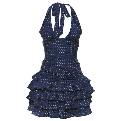 Low-Neck Polka Dots Women Two-Piece Set Halter Sleeveless Backless Mini Top+Multi-Layered Ruffles Sweet Bottoms Suits
