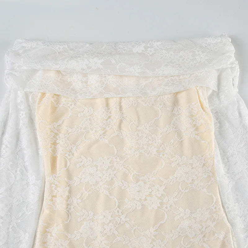 Sexy Lace See Through Off Shoulder Playsuits 2025 Spring Long Sleeve Ruched Slash Neck Jacquard Skinny Peach Hip Romper