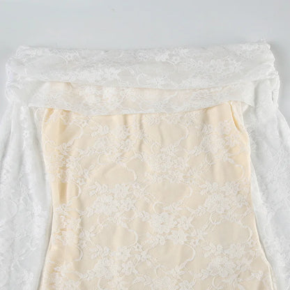 Sexy Lace See Through Off Shoulder Playsuits 2025 Spring Long Sleeve Ruched Slash Neck Jacquard Skinny Peach Hip Romper
