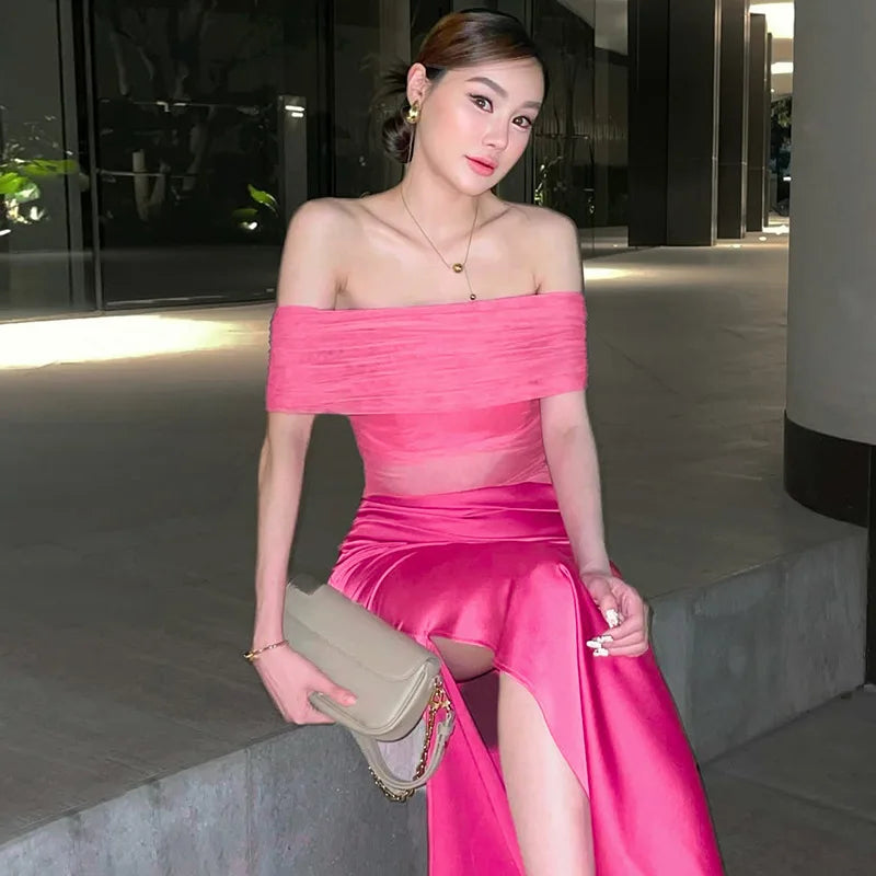 Off-Shoulder Mesh Ruched Bodice Satin Wrap Slit Maxi Dress