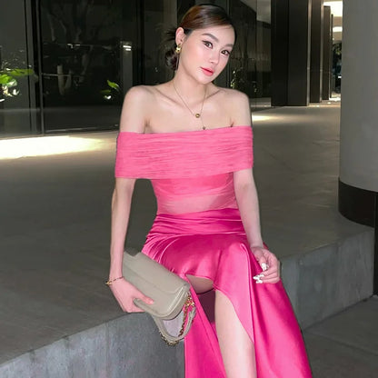 Off-Shoulder Mesh Ruched Bodice Satin Wrap Slit Maxi Dress