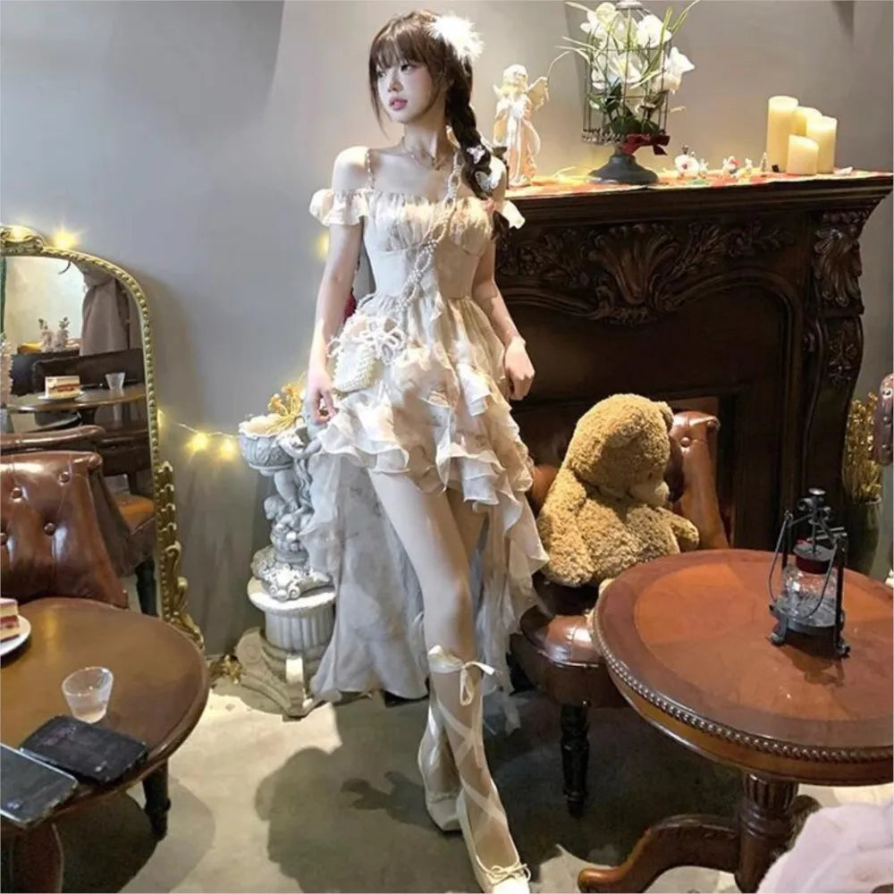 Irregular Romantic Dress Halter Floral Figure Flattering Puffy