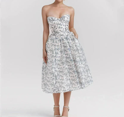 Strapless Sweetheart Corset Bodice Floral Toile Pleated Pocket Midi Dress