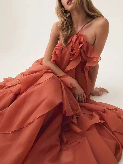 Halter Tiered Ruffle Cascading Flounce Maxi Gown