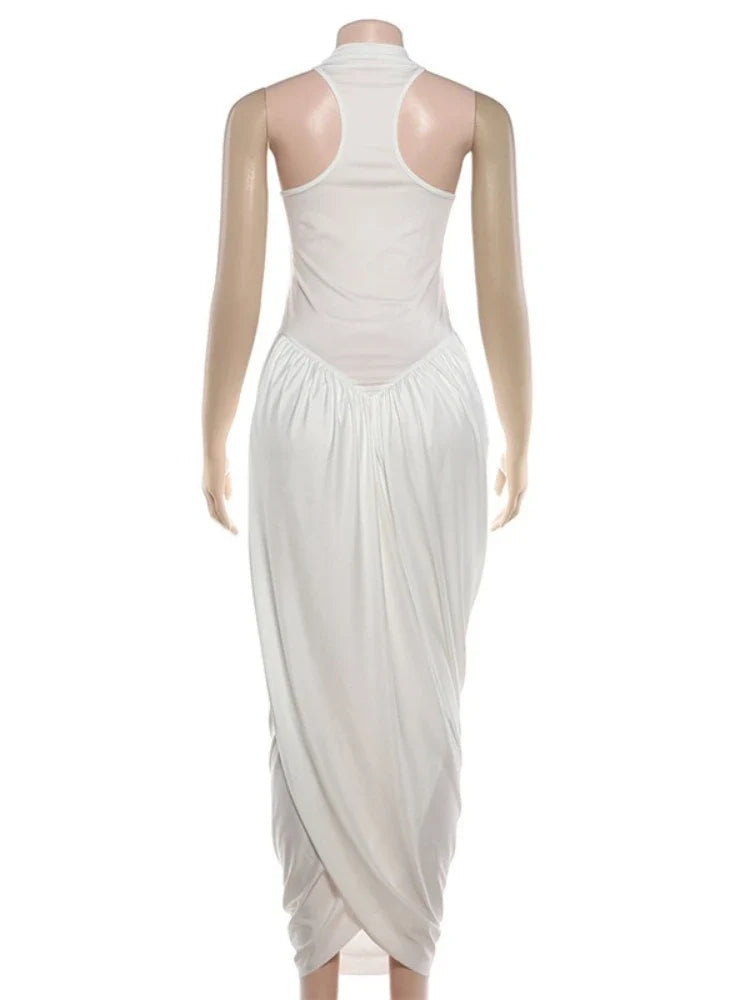 Fashionable White Tank Dress Women Summer Elegant O Neck Sleeveless Patchwork Pleated Long Dress Female Summer Outfit