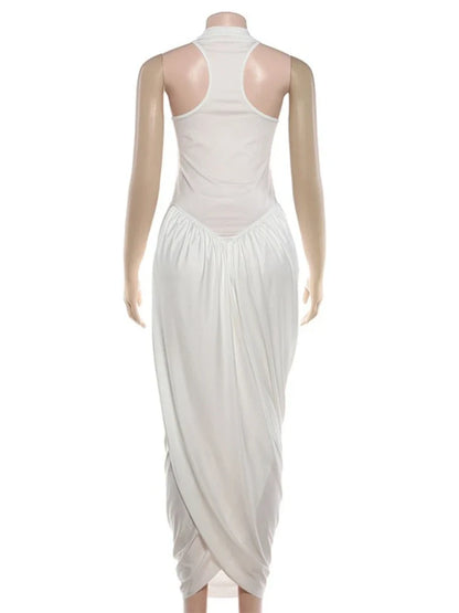 Fashionable White Tank Dress Women Summer Elegant O Neck Sleeveless Patchwork Pleated Long Dress Female Summer Outfit