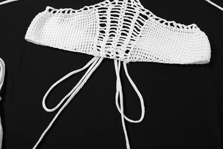 Sexy Crochet 2 Piece Set Women Hollow Swimsuit Halter Mini Camisole+Bandage Panties Matching Club Beach Vacation Suit