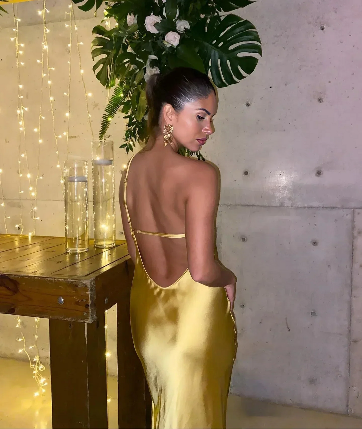 Asymmetric Strap Backless Slit Satin Maxi Dress