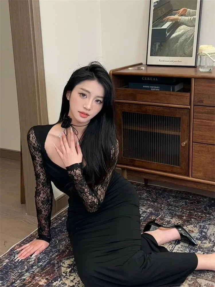Black Lace Stitching Slightly See-through Dress Women Temperament Evening Short Dresses Autumn New Party Long Bodycon Dress