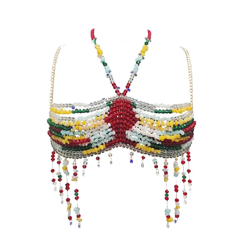 NEW Handmade color matching beads irregular shape chest wrap hollow backless tassel top sexy women beach camping vacation