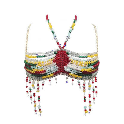 NEW Handmade color matching beads irregular shape chest wrap hollow backless tassel top sexy women beach camping vacation