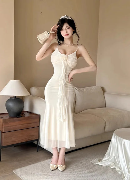 Women Dresses Sleeveless V Neck Ruffles Slim Elegant Backless Ruffles Ribbon Temperament Elegant Dress Sexy Ladies