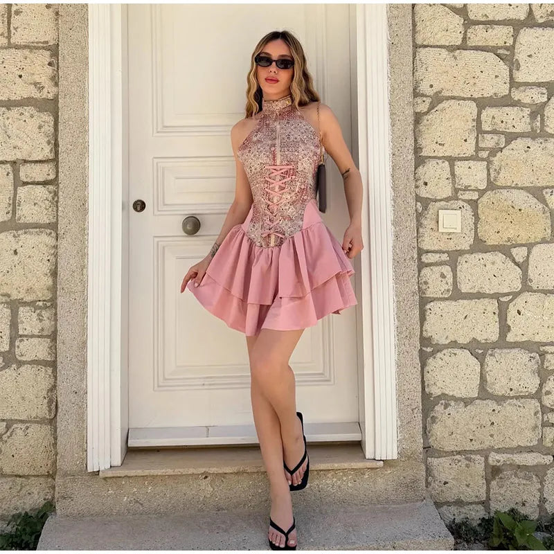 Elegant Bandage Patchwork Short Women's Summer Dress Waist Cinched Halter Sleeveless Backless Dresses Lady Party Vestidoes