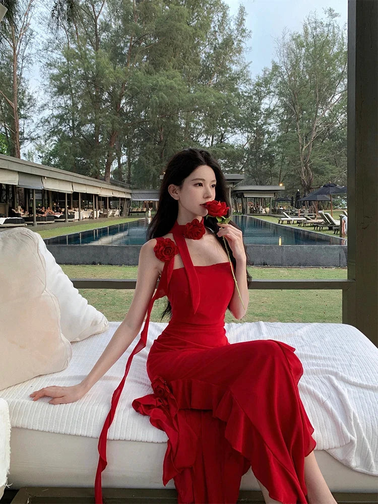 Fashionable Suspender Sexy Floral Red Dress Summer Print Elegant V-neck Pullover Tie Tight Women's Backless Long Dress Z639