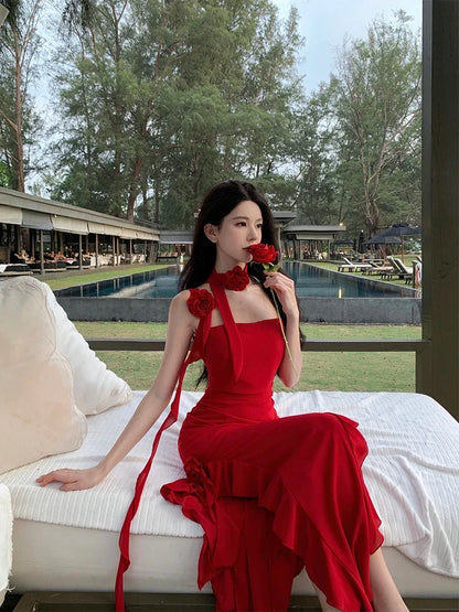 Fashionable Suspender Sexy Floral Red Dress Summer Print Elegant V-neck Pullover Tie Tight Women's Backless Long Dress Z639