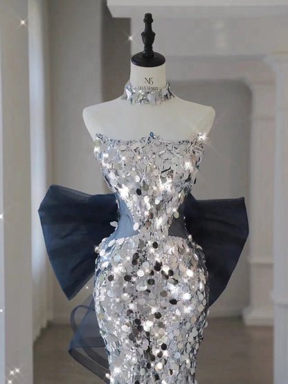 Silvery Shiny Sequins Prom Dresses Mermaid Removable Tulle Bow Trailing Ceremony Performance Party Backless Formal Evening Gowns