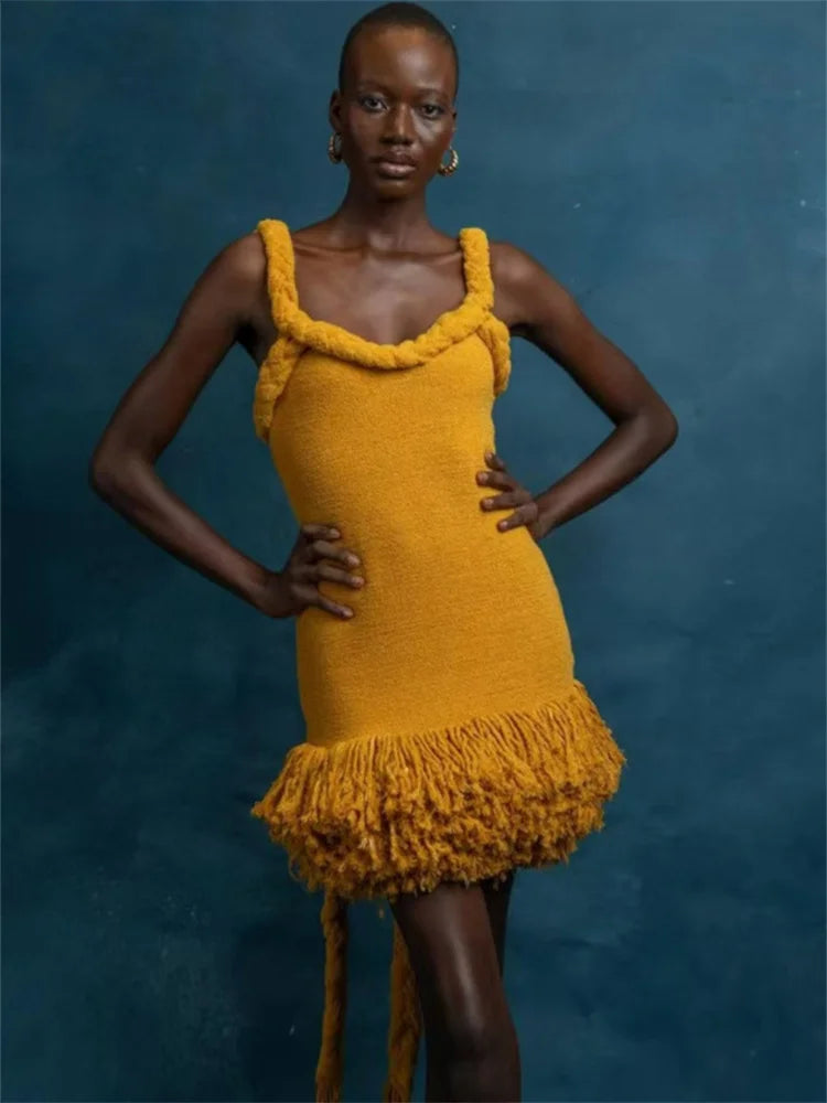 Halter Braided Neck Fringe Hem Boucle Mini Dress