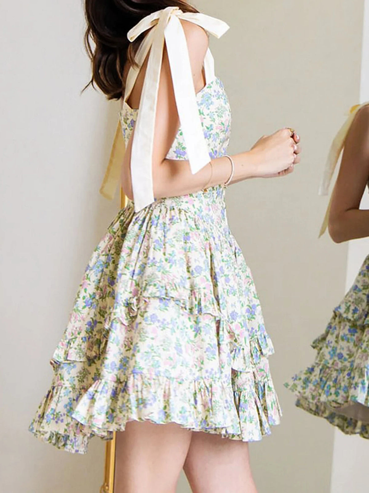 Elegant Sleeveless Floral Print Mini Dress with Bow Tie Shoulder Detail and Flirty Ruffle Hem - A Line Swing Dress for Women