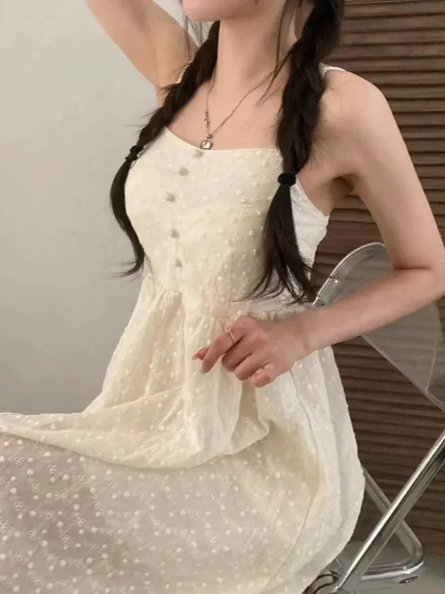 Chic Summer Age-Defying Gentle Style Square Collar Sleeveless Women's Commute Versatile Meat Concealing Dress Cotton High Waist