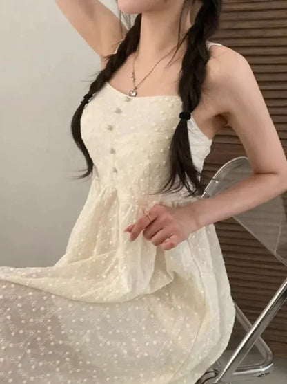 Chic Summer Age-Defying Gentle Style Square Collar Sleeveless Women's Commute Versatile Meat Concealing Dress Cotton High Waist