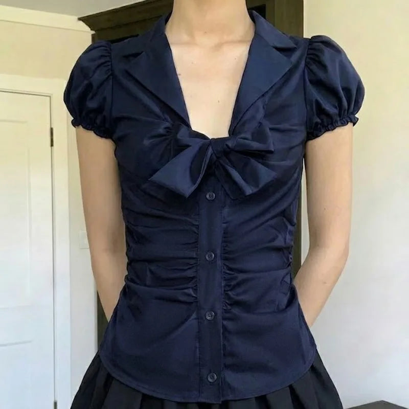 Temperament Preppy Style Bow V Neck Puff Short Sleeve Women's Blouse Y2k Aesthetic Harajuku Pleated Casual Shirts Spice Clothes
