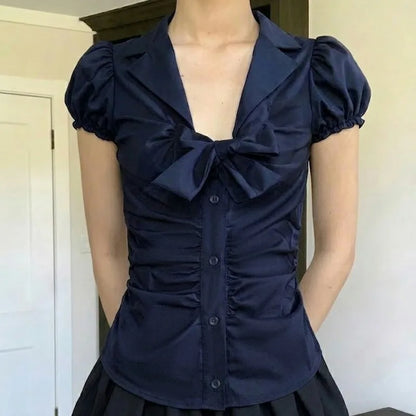 Temperament Preppy Style Bow V Neck Puff Short Sleeve Women's Blouse Y2k Aesthetic Harajuku Pleated Casual Shirts Spice Clothes