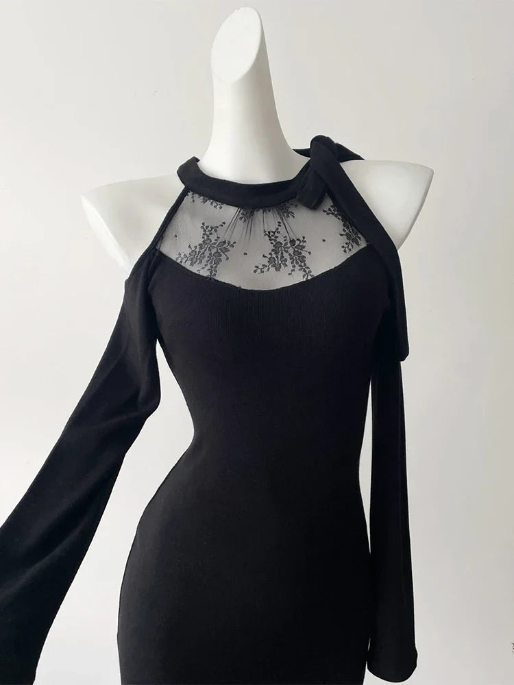 Women Black Gothic Bodycon Evening Dress Vintage Off Shoulder Long Sleeve Long Luxury Dresses Y2k One Piece Frocks 2000s Clothes