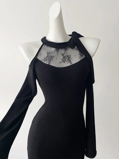 Women Black Gothic Bodycon Evening Dress Vintage Off Shoulder Long Sleeve Long Luxury Dresses Y2k One Piece Frocks 2000s Clothes