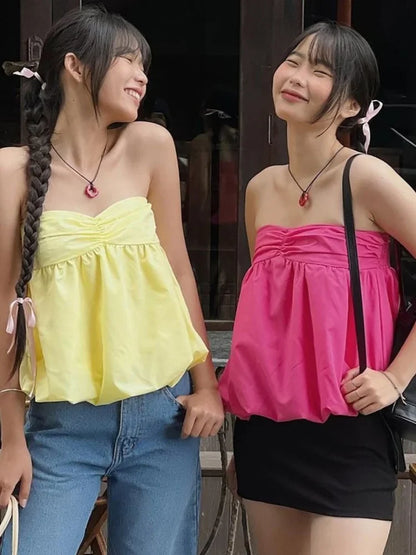 Solid Bandeau Top For Women Strapless Bra Puffy Bralette Mujer Backless Bustier Sleeveless Lenceria Femenina Ruched Y2k Tube Top