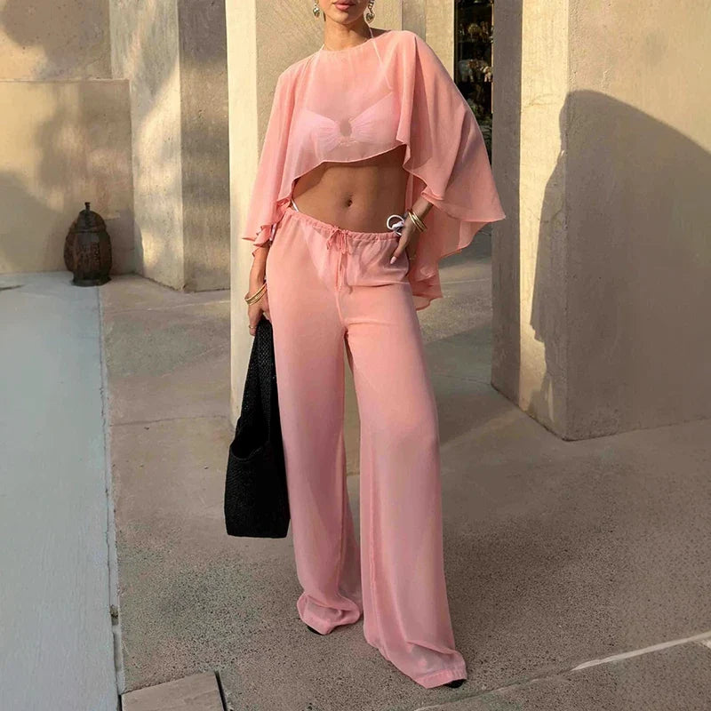 Elegant Solid Perspective Loose Suit Casual Chiffon Shirt Travel Vacation Outfit Fashion Irregular Cape Style Top+Pants 2pc Set