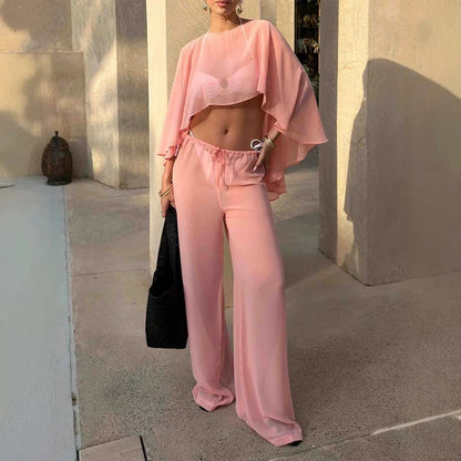 Elegant Solid Perspective Loose Suit Casual Chiffon Shirt Travel Vacation Outfit Fashion Irregular Cape Style Top+Pants 2pc Set