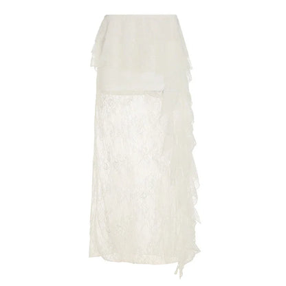Sexy Ruffle Top Lace Skirt Set Women Loose Lace Up Flare Sleeve Tops See Through Long Skirts 2025 Summer Lady Party Solid Suits