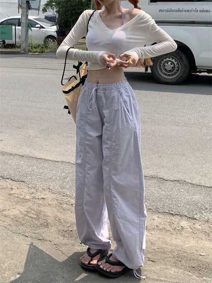 Casual Baggy Wide Leg Sweatpants White Loose Drawstring Low Waist Streetwear Cargo Pants Womens Hippie Joggers Trousers