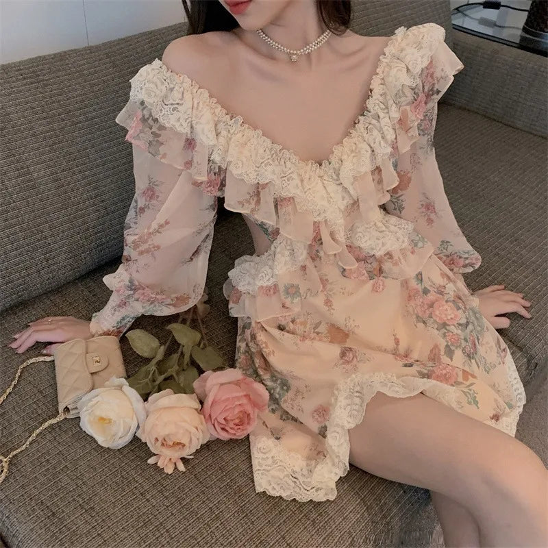 Spring New Flower Dress for Women Fairy Lace Ruffled V-Neck Irregular Long Sleeved Sweet Vestidos Retro Backless Short Vestidos
