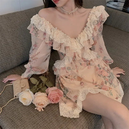 Spring New Flower Dress for Women Fairy Lace Ruffled V-Neck Irregular Long Sleeved Sweet Vestidos Retro Backless Short Vestidos