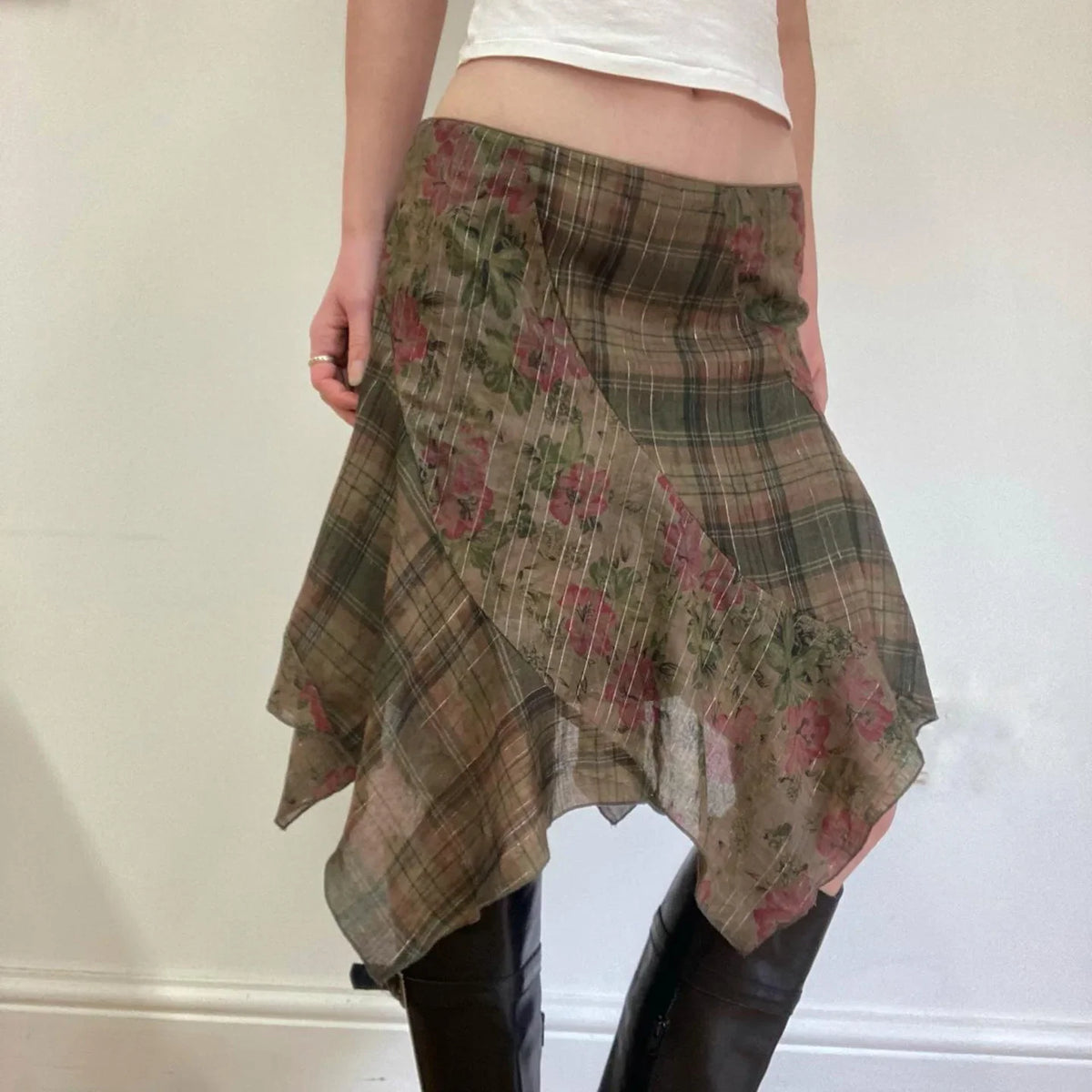 Y2k Sexy Low Waist American Retro Print Plaid Patchwork Irregular Streetwear Fashion Skirts