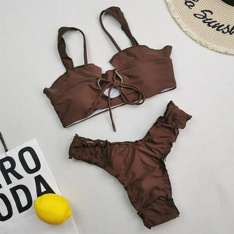 Sexy Hollow Out Push Up Swimwear Bikini Mujer New Ruffle Beachwear Summer Floral Print Bathing Suit Swimsuit Women Biqiuni
