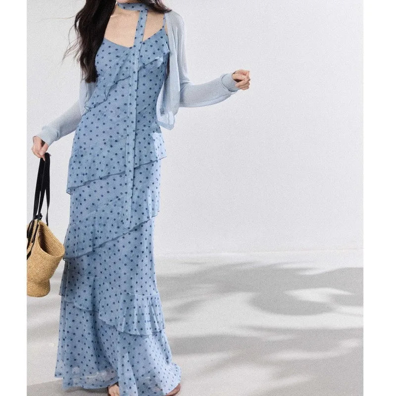 French Commuter V-Neck Streamer Polka Dot Lotus Edge Suspender Dress Female Slim Mesh Printed Dress
