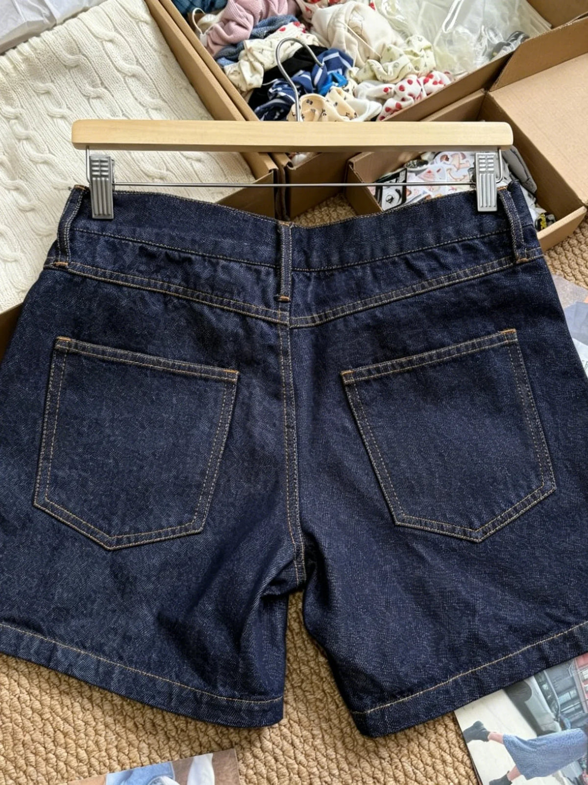 Deep Blue Denim Knee Length Shorts Woman Summer Back Pockets Cotton Jeans American Vintage Streetwear Boyfriend Style Short Pant